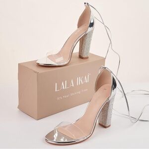 Women's Chunky High Rhinestone Heeled White Silver wrap Tie Heels
